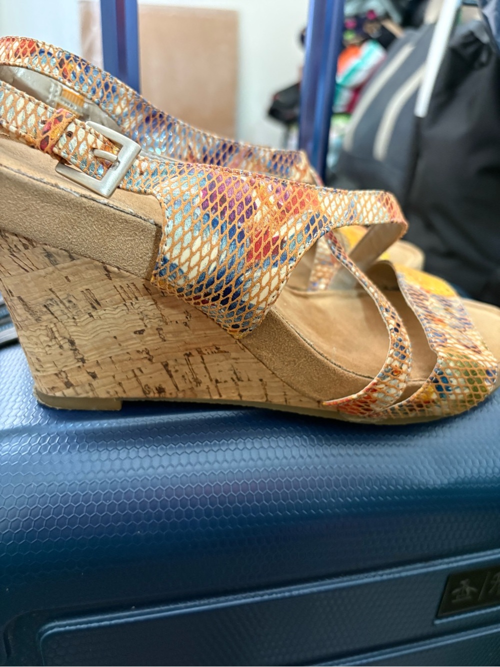AEROSOLES Multicolor Snake-Print Cork Wedge Sandals
